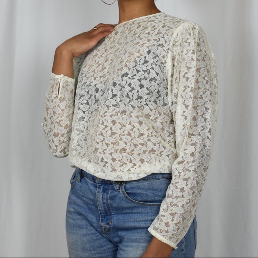 Oleg Cassini Antique White Lace Long Sleeve Top